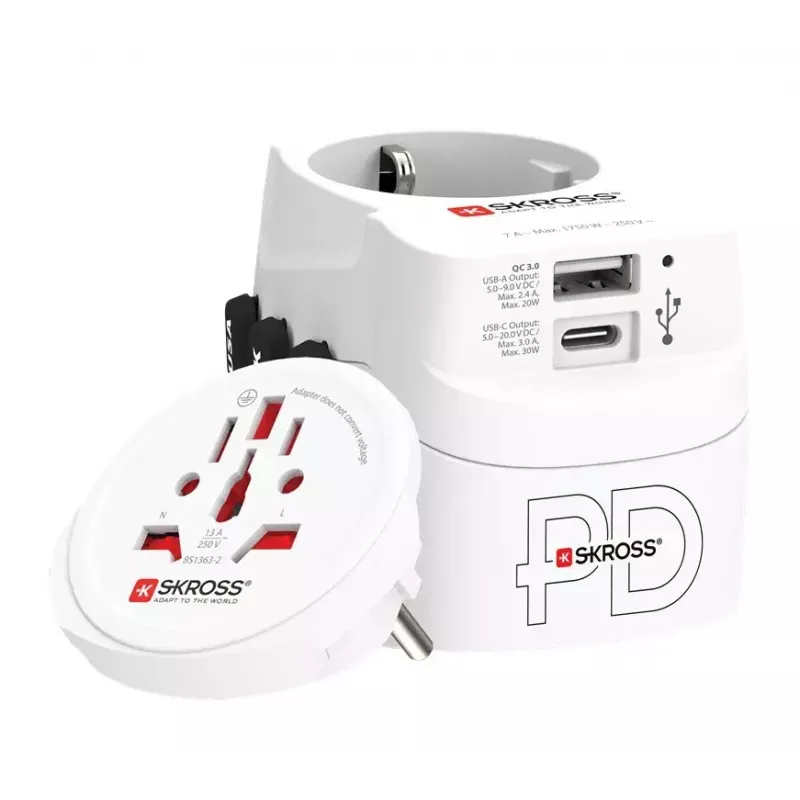 Keliautojų universalus adapteris SKROSS 61663 baltas 100-250V 2.4A USB