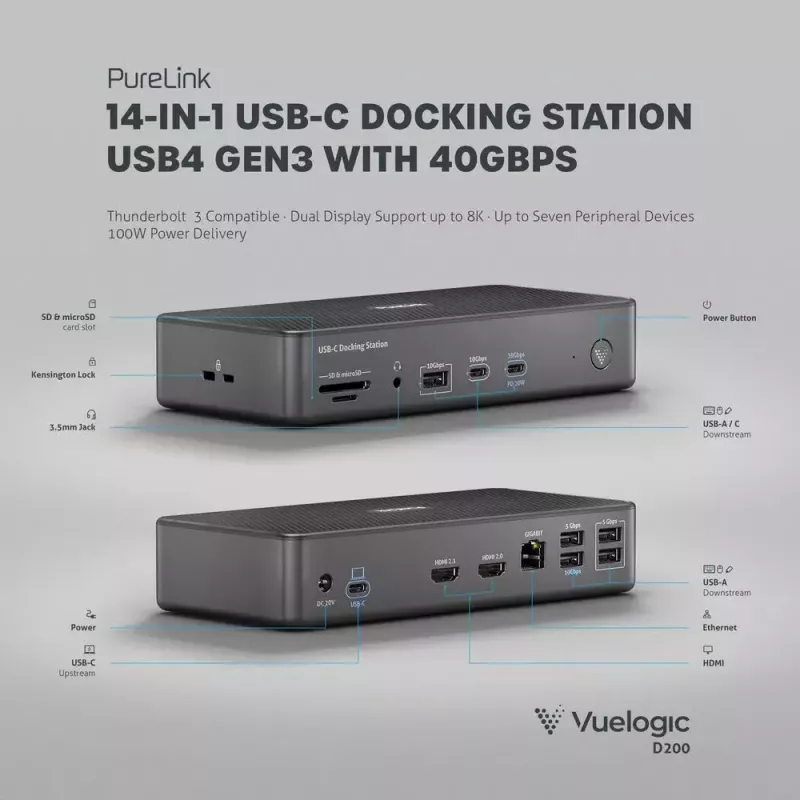 Dokovimo stotelė PureLink VL-D200 pilka USB Power Delivery HDMI 2.0