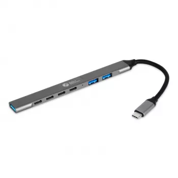 USB-C Hub 7-in-1 BakkerElkhuizen BNECHUB3A4C — 7 prievadai (USB 3.2 Gen1 A, USB 3.2 Gen1 C, USB 2.0), aliumininis korpusas, pilka/juoda