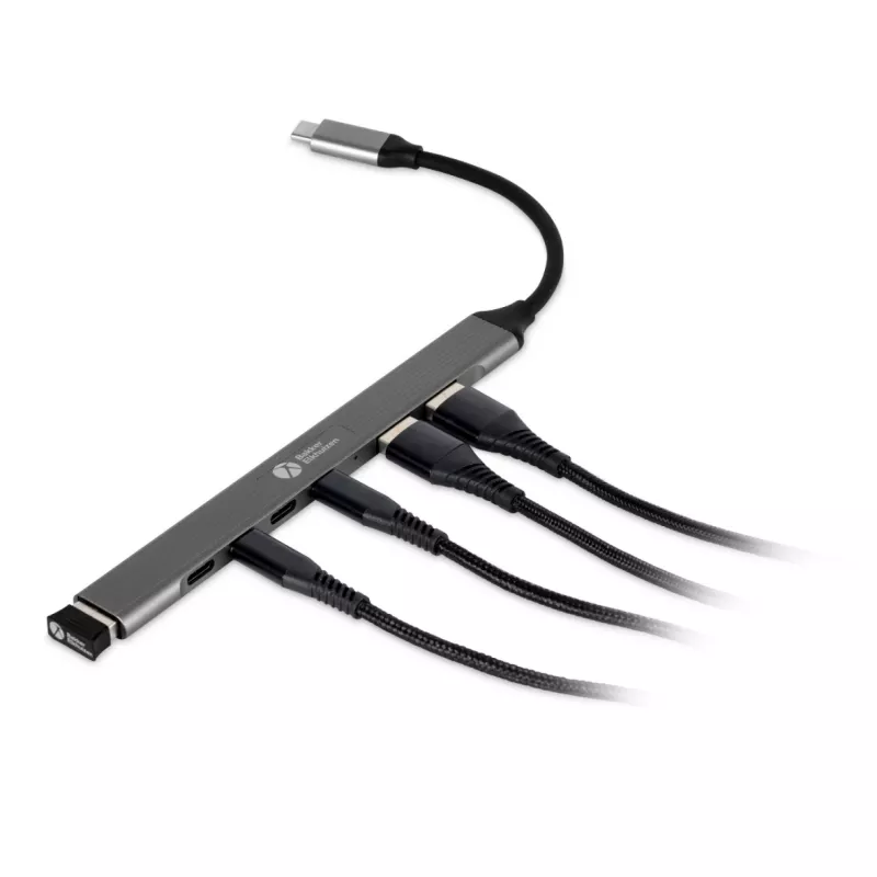 USB-C Hub 7-in-1 BakkerElkhuizen BNECHUB3A4C — 7 prievadai (USB 3.2 Gen1 A, USB 3.2 Gen1 C, USB 2.0), aliumininis korpusas, pilka/juoda