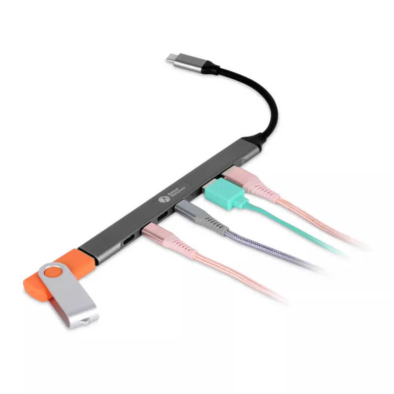USB-C Hub 7-in-1 BakkerElkhuizen BNECHUB3A4C — 7 prievadai (USB 3.2 Gen1 A, USB 3.2 Gen1 C, USB 2.0), aliumininis korpusas, pilka/juoda
