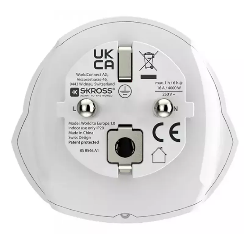Kelioninis adapteris SKROSS World to Europe – universalus įėjimas į europietišką lizdą, baltas, 64×58×47 mm
