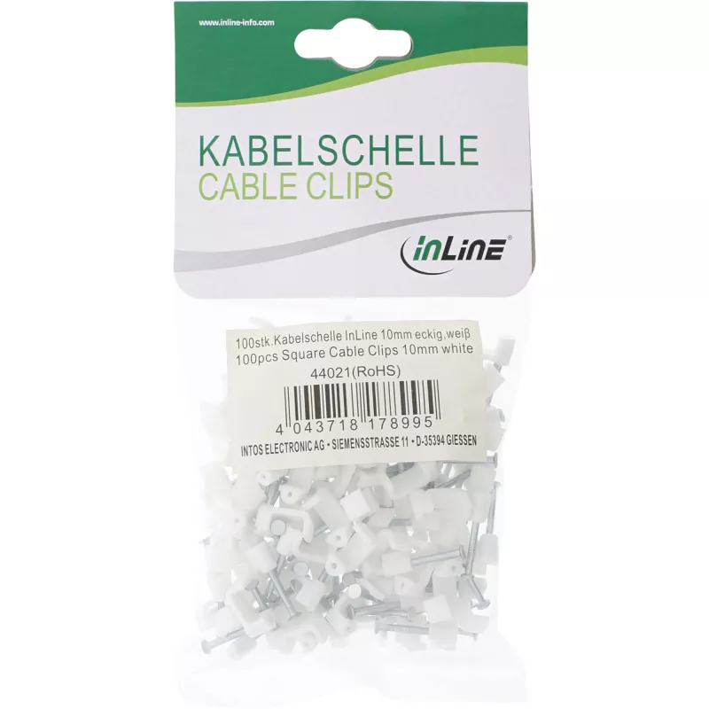 Kvadratinis kabelio laikiklis InLine 44020 8mm baltas 100vnt pakuotė
