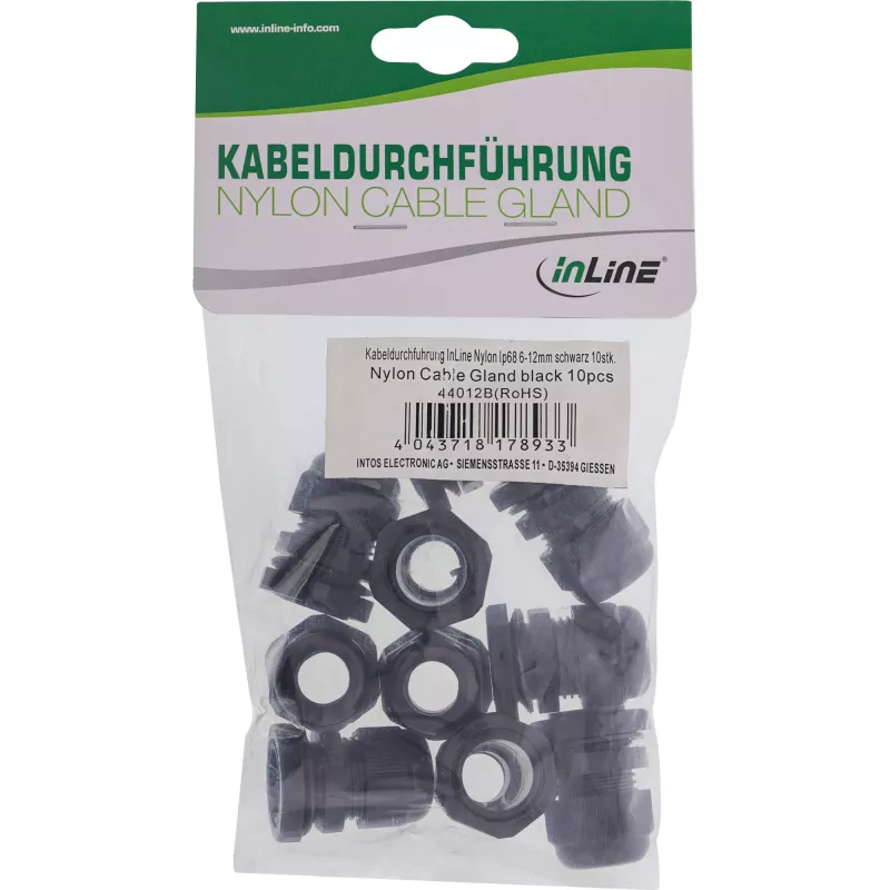 Kabelio įvadas InLine 44012B nailoninis IP68 kabeliams Ø6–12 mm, juodas, pakuotė po 10 vnt.