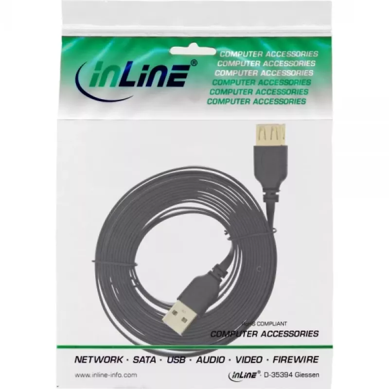 InLine USB 2.0 plokščias ilginamasis kabelis A tipas (vyriškas / moteriškas) auksuoti kontaktai juodas 3 m