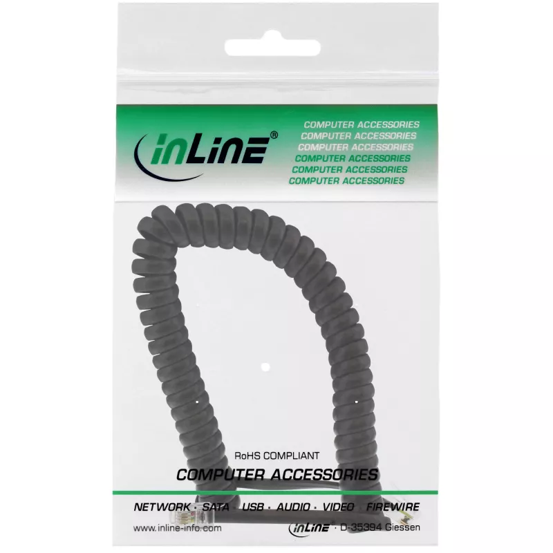 InLine suvyniotas laidas RJ10 tiesioginis kištukas / kištukas, juodas, iki 2 m