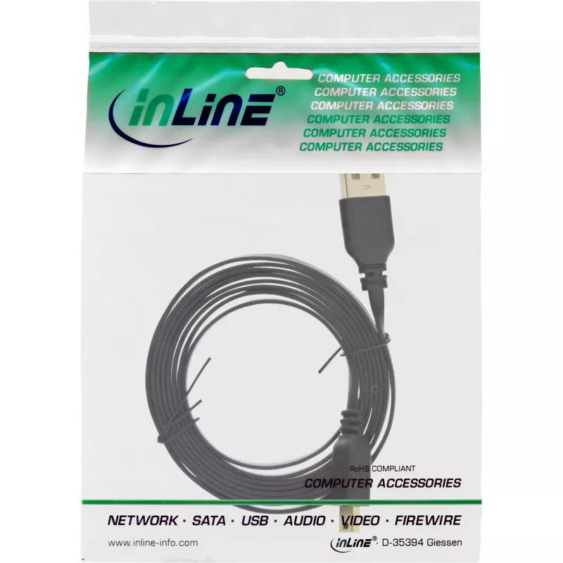 InLine USB 2.0 plokščias laidas USB A kištukas / Mini-B 5 kontaktų juodas/auksinis 2m