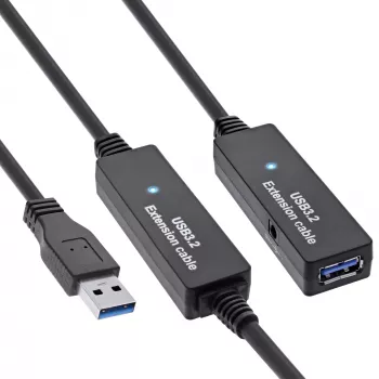 InLine USB3.2 Gen.1 aktyvus kartotinis laidas USB A kištukas / lizdas, juodas, 10 m