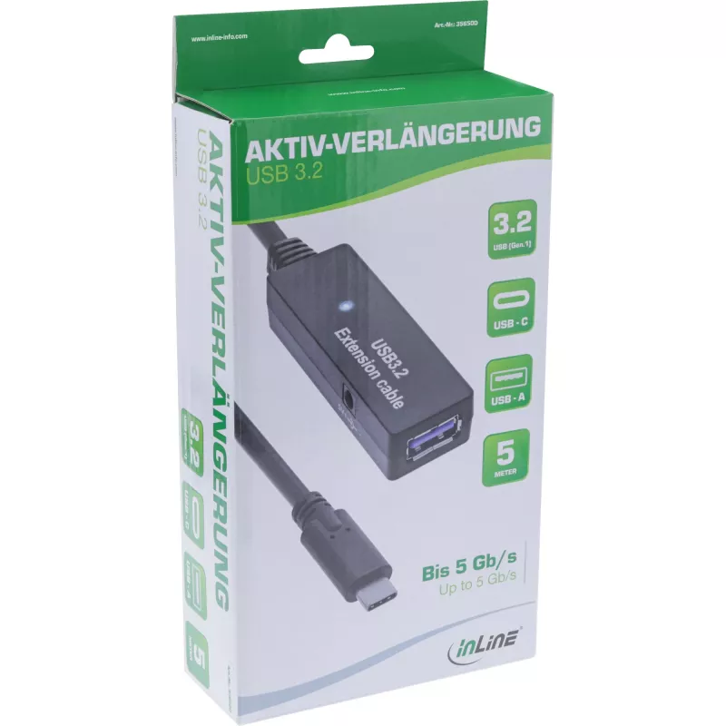 InLine USB 3.2 Gen.1 aktyvus ilginimo kabelis, USB-C kištukas į USB-A lizdą, 5 m