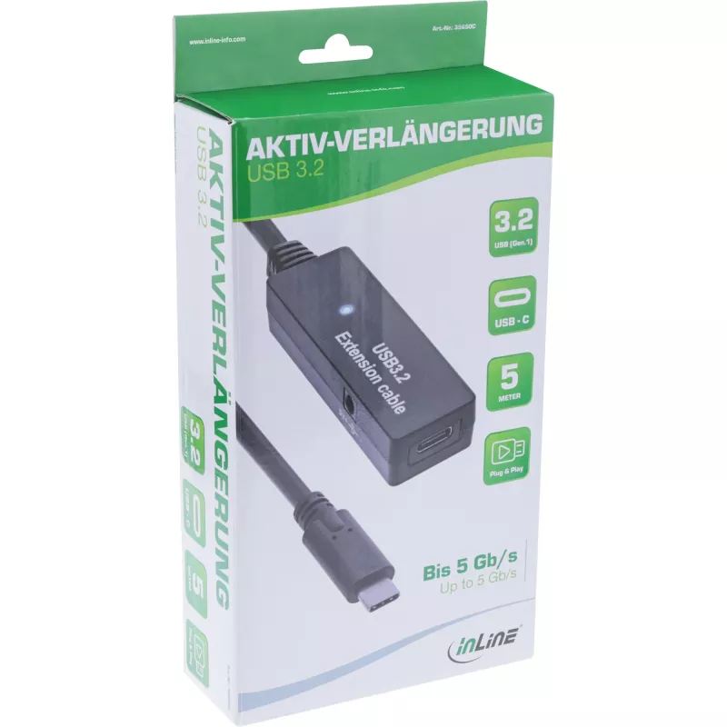 InLine USB 3.2 Gen.1 aktyvus ilginimo kabelis, USB-C kištukas į USB-C lizdą, 5 m