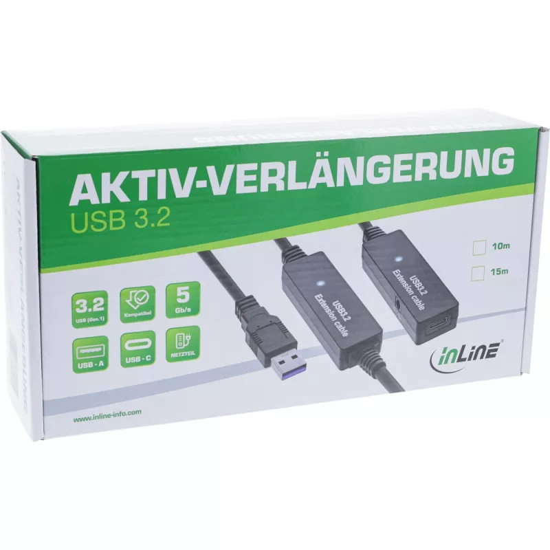 InLine USB 3.2 Gen.1 aktyvus ilginimo kabelis, USB-A kištukas į USB-C lizdą, 10 m