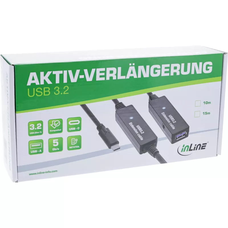 InLine USB 3.2 Gen.1 aktyvus ilginimo kabelis, USB-C (vyras) į USB-A (moteris), 10 m