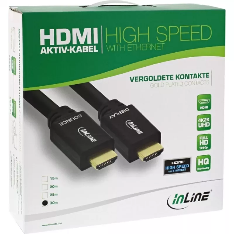 InLine aktyvus HDMI kabelis su Ethernet, M/M, juodas, auksuoti kontaktai, 30 m