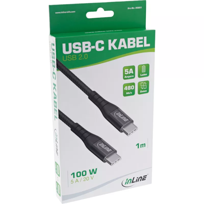 InLine USB 2.0 laidas, USB-C vyriškas/vyriškas 100W greito įkrovimo laidas, 2m