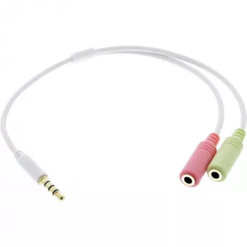InLine garso ausinių adapterio laidas 3,5 mm kištukas (4 kontaktų) / 2x 3,5 mm lizdai, baltas, 0,15 m