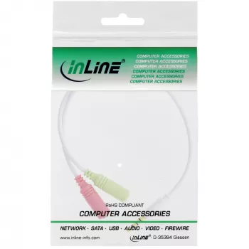 InLine garso ausinių adapterio laidas 3,5 mm kištukas (4 kontaktų) / 2x 3,5 mm lizdai, baltas, 0,15 m