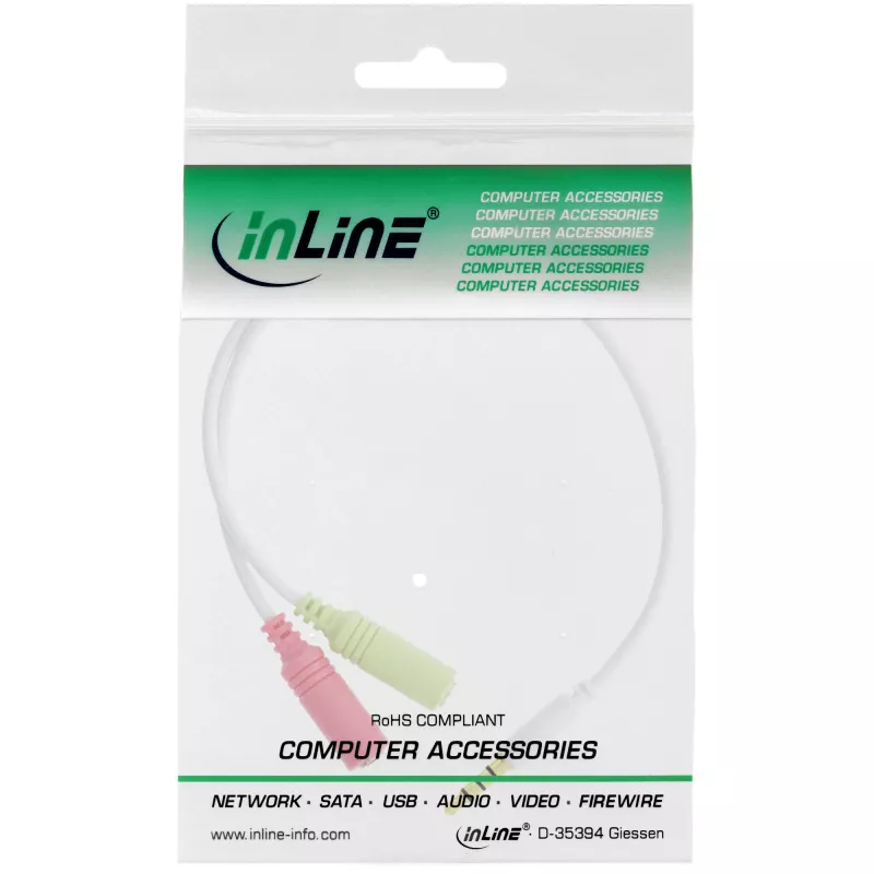InLine garso ausinių adapterio laidas 3,5 mm kištukas (4 kontaktų) / 2x 3,5 mm lizdai, baltas, 0,15 m