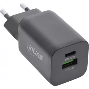 InLine USB maitinimo blokas, įkroviklis, USB-A + USB Type-C, 33W, PD + QC