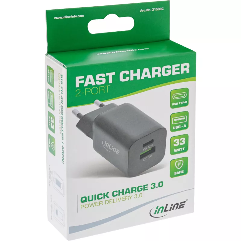 InLine USB maitinimo blokas, įkroviklis, USB-A + USB Type-C, 33W, PD + QC