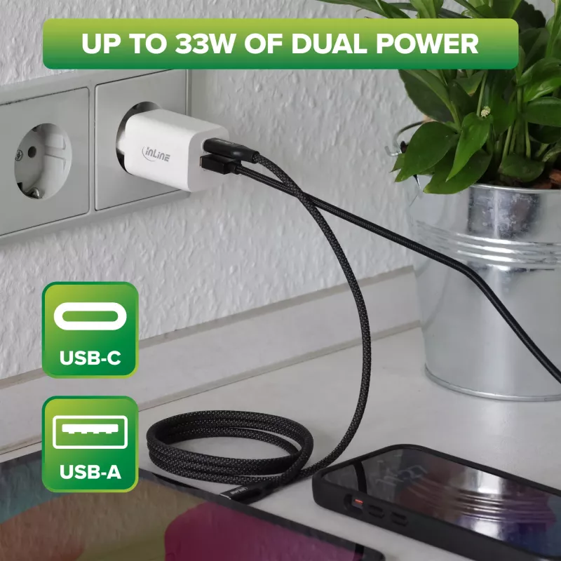 InLine USB maitinimo blokas, įkroviklis, USB-A + USB Type-C, 33W, PD + QC