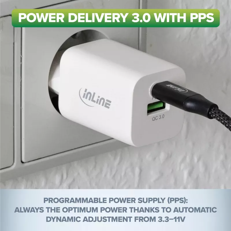 InLine USB maitinimo blokas, įkroviklis, USB-A + USB Type-C, 33W, PD + QC