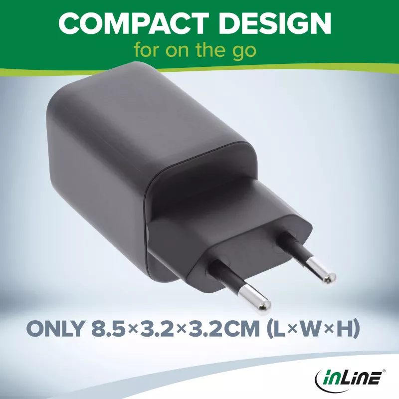 InLine USB maitinimo blokas, įkroviklis, USB-A + USB Type-C, 33W, PD + QC