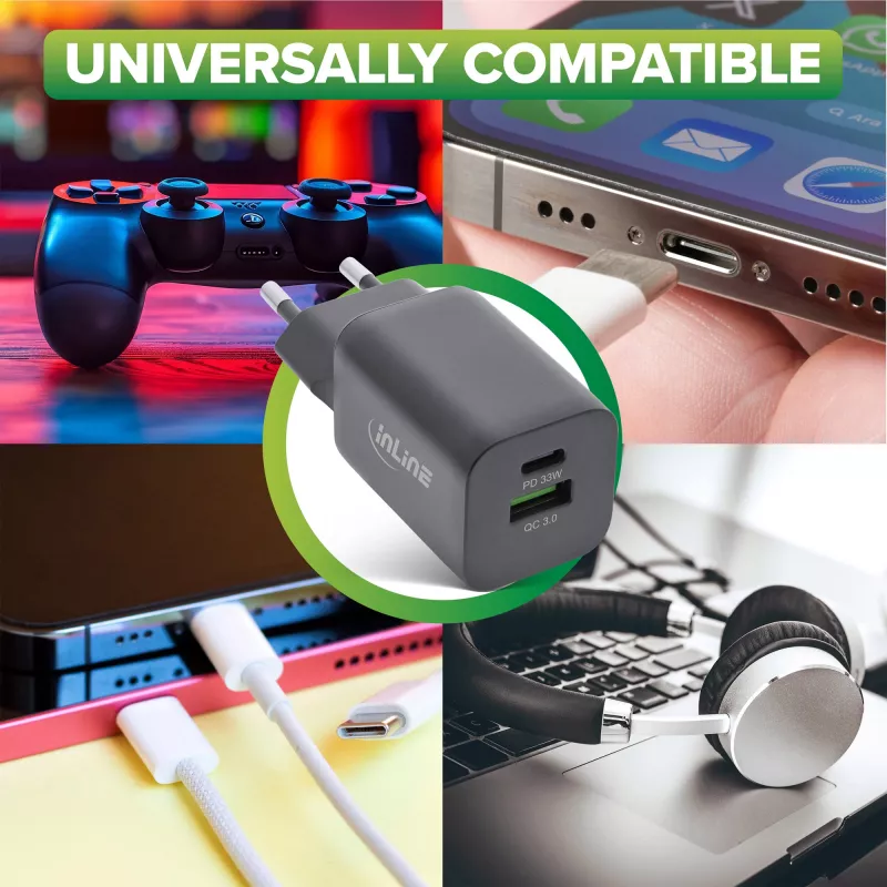 InLine USB maitinimo blokas, įkroviklis, USB-A + USB Type-C, 33W, PD + QC