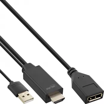 InLine HDMI M į DisplayPort F keitiklio laidas, 4K, juodas/auksinis, 0,3 m