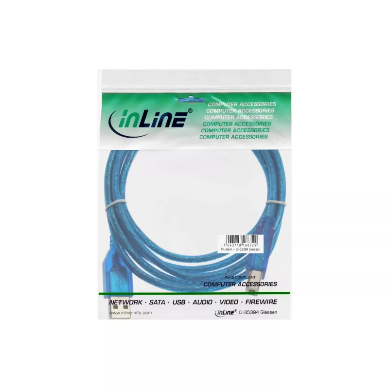 InLine USB 2.0 kabelis Type A kištukas / Type B kištukas mėlynas permatomas 3 m