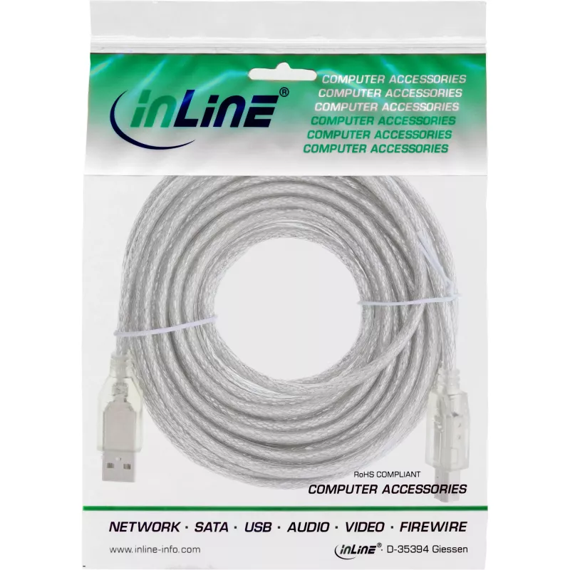 USB 2.0 laidas A tipo (vyras) / B tipo (vyras) InLine 34535T 3 m permatomas