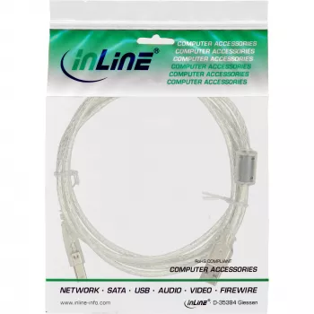 InLine USB 2.0 laidas A tipo kištukas / B tipo kištukas permatomas, su ferito šerdimi, 5 m