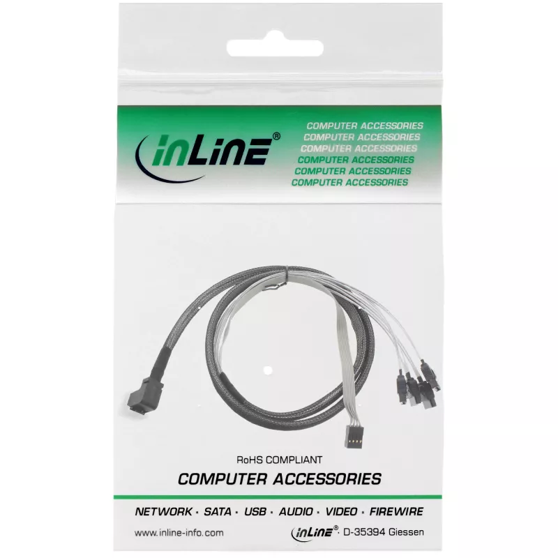 InLine Mini SAS HD kabelis SFF-8643 kampuotas į 4x SATA + šoninis ryšys 0,5 m