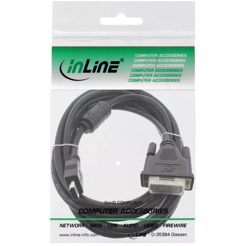 InLine HDMI-DVI laidas 19 kaiščių vyras / 18+1 vyras su ferito žiedu juodas 1 m