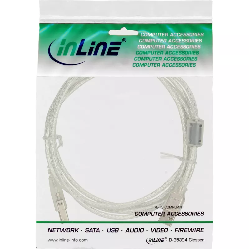 InLine USB 2.0 laidas USB A (vyriškas) / USB B (vyriškas), skaidrus, su ferito šerdimi, 0,3 m