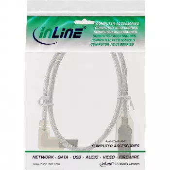 InLine USB 2.0 laidas kairėn lenktas A tipo kištukas / B tipo kištukas permatomas 0,3 m