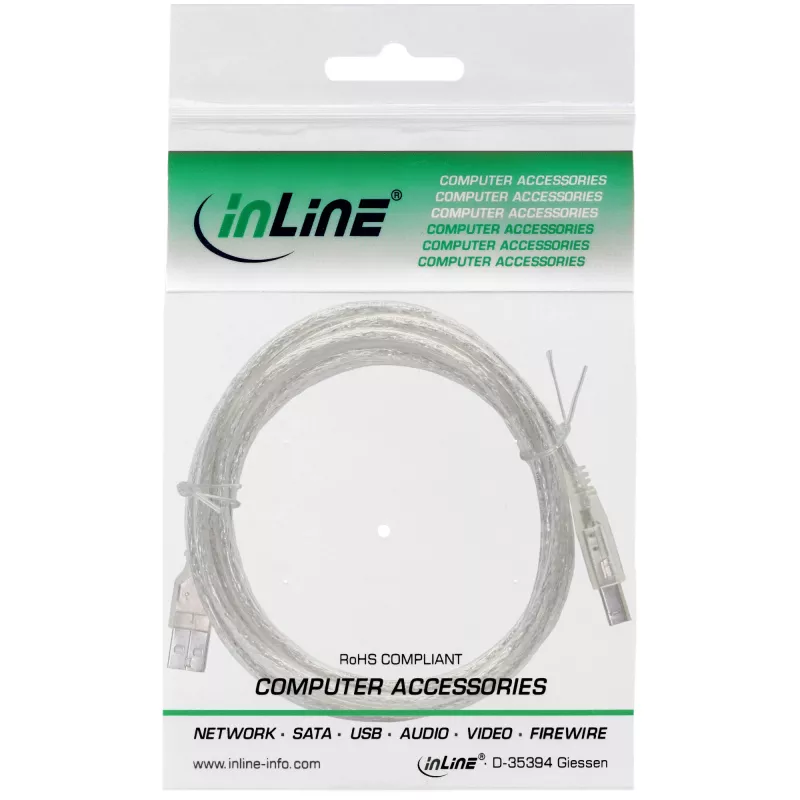 InLine USB 2.0 laidas Tipas A kištukas / B kištukas, permatomas, 0,3 m