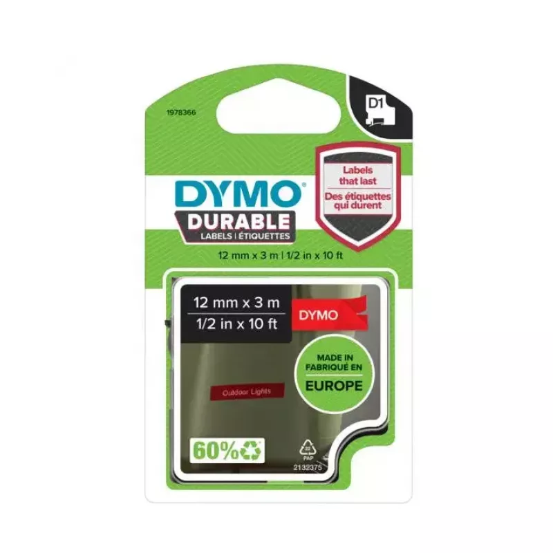 DYMO D1 Durable lipdukai | Baltas šriftas ant raudono fono | 12 mm x 3 m | Lipni juosta LabelManager etikečių spausdintuvams