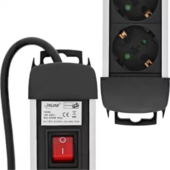 InLine Socket Strip, aliumininis, 3 lizdai su apsauga ir jungikliu, 1,5 m