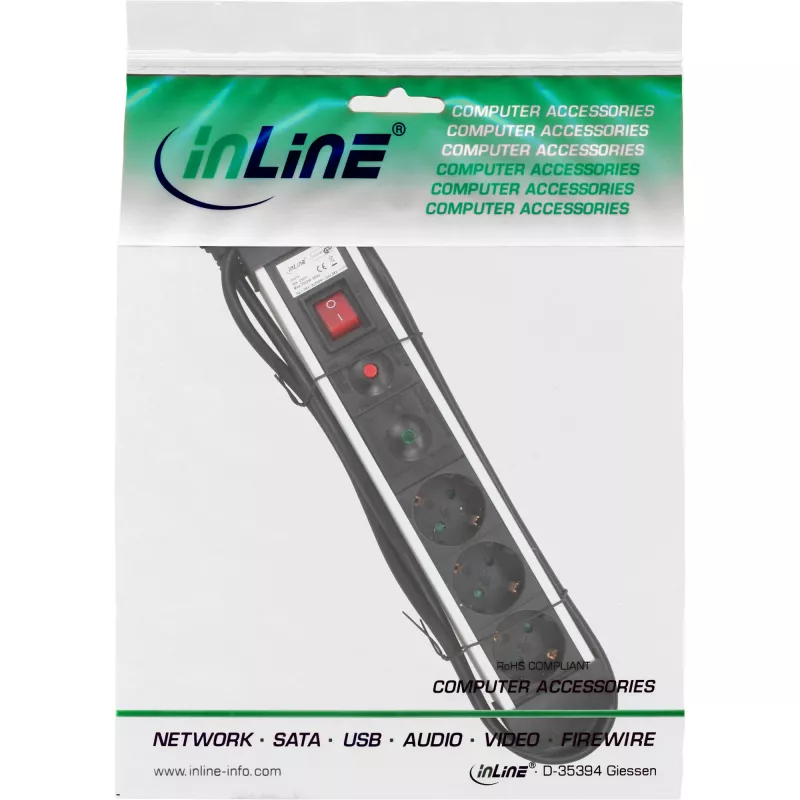 InLine Socket Strip, aliumininis, 3 lizdai su apsauga ir jungikliu, 1,5 m
