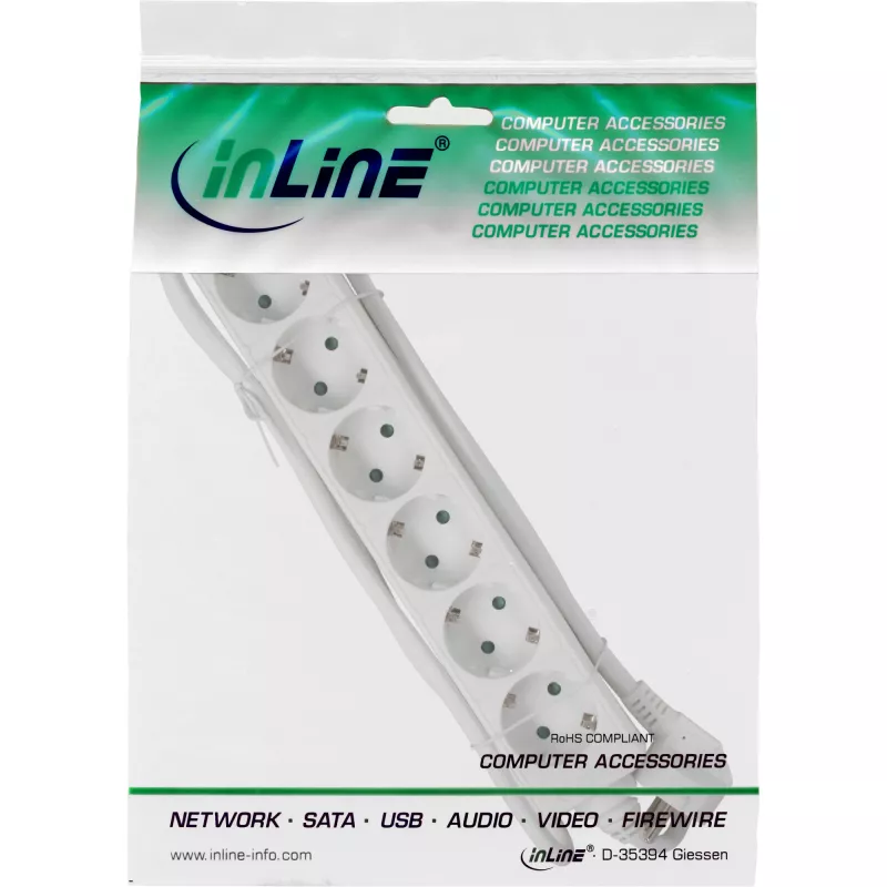 InLine 6-kių lizdų ilgintuvas su įžeminimu CEE 7/3, baltas, 5 m
