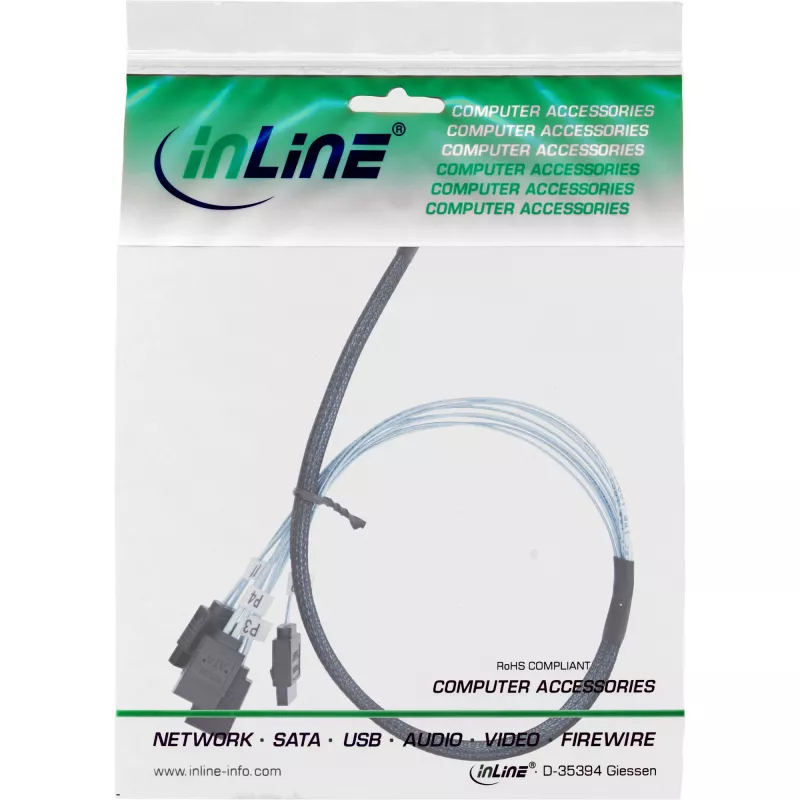 InLine Slim SAS kabelis, SFF-8654 į 4x SATA 7-pin, 12Gb/s, 0,5 m