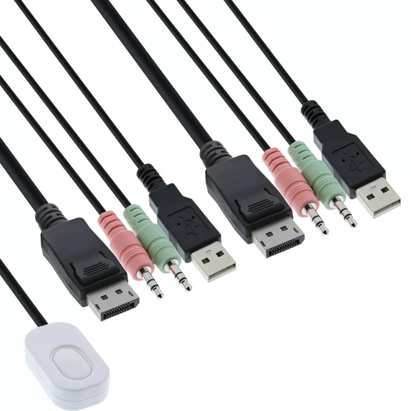 InLine KVM jungiklis su kabeliais, 2 prievadai, DisplayPort 1.2, 4K, USB, garsas