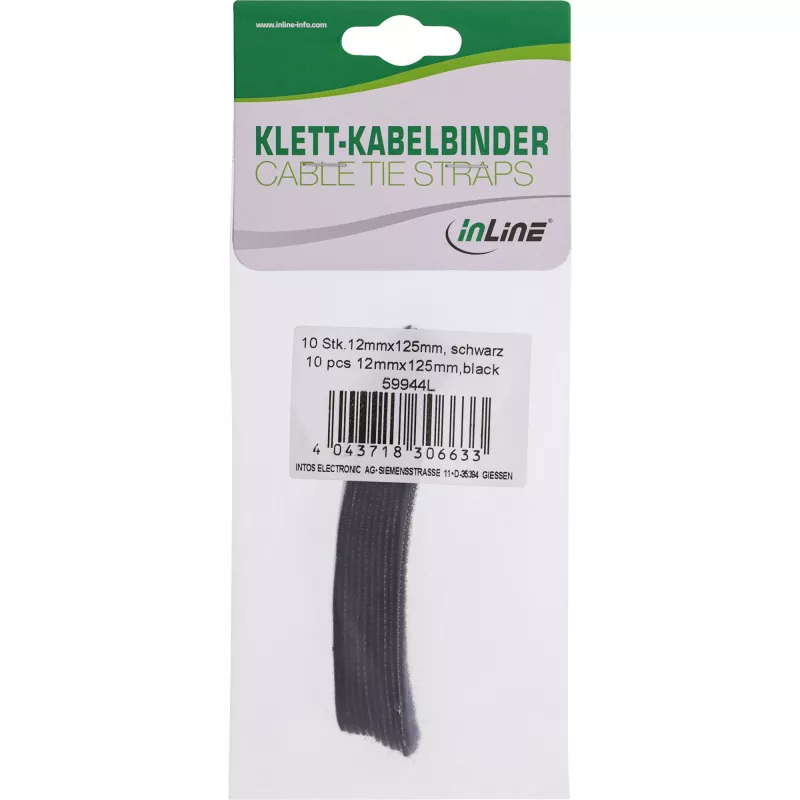 InLine kabelių tvirtinimo juostelės lipnios 12x125mm 10 vnt. juodos