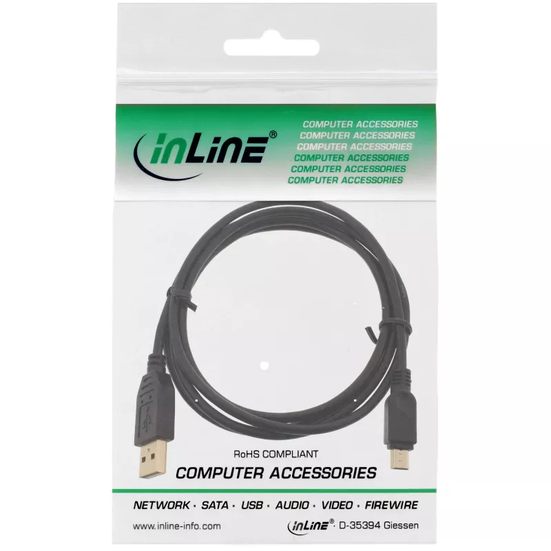 InLine USB 2.0 Mini laidas, A tipo / mini-B (5 kontaktų), juodas/auksinis, 1 m