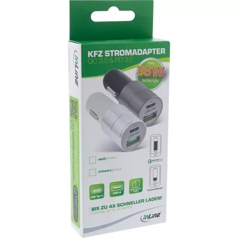 InLine USB automobilinis įkroviklis Quick Charge 3.0, baltas