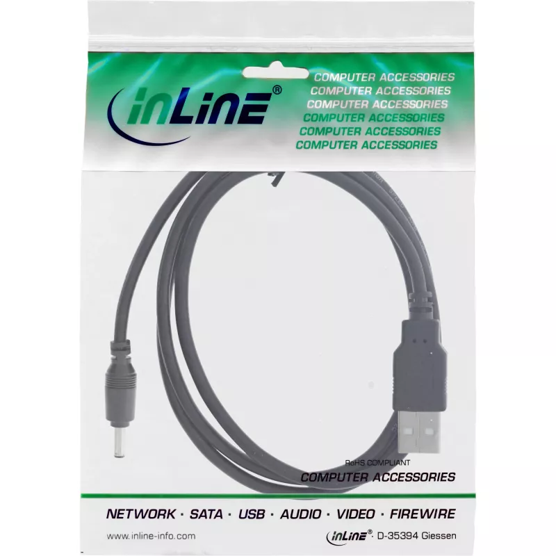 InLine adapterinis laidas, USB A (vyriškas) į DC 5,5x2,10 mm kištuką, juodas, 1 m