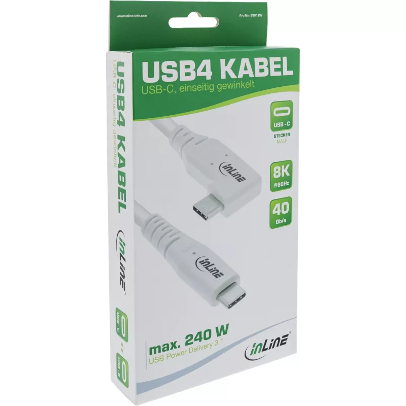 InLine USB4 kabelis, USB-C, vienas galas kampuotas, PD 240W, 8K60Hz, TPE, baltas, 2m