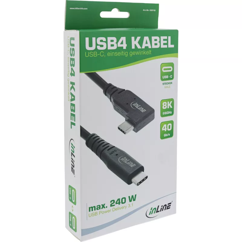 InLine USB4 laidas USB-C, vienas kampuotas, PD 240W, 8K60Hz, TPE, juodas, 1 m