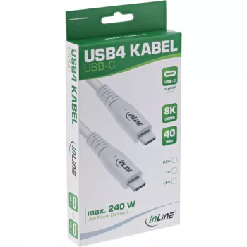 InLine USB4 laidas, USB-C kištukas/kištukas, PD 240W, 8K60Hz, TPE, baltas, 1,5 m