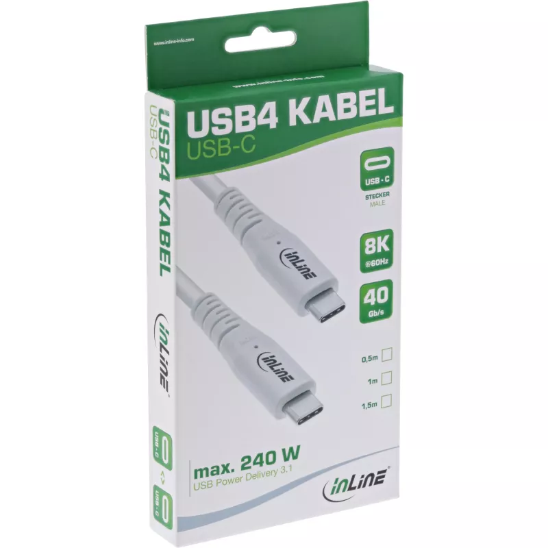 InLine USB4 laidas, USB-C vyriškas/vyriškas, PD 240W, 8K60Hz, TPE, baltas, 1m